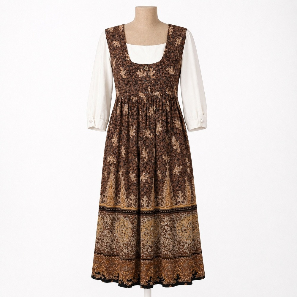 Vintage 90s Paisley Peasant Dress Size M Petite Brown Ren Faire Cottagecore Boho